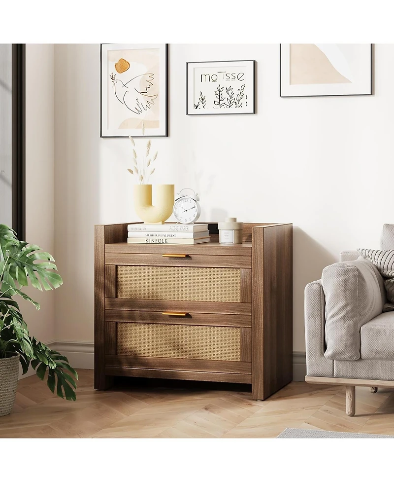 gaomon Night Stand Set of 2, Modern Nightstand with Type-c Charging Station, Bedside Tables with 2 Pe Rattan Drawers, Rattan Nightstands for Bedroom L