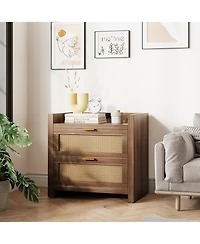 gaomon Night Stand Set of 2, Modern Nightstand with Type-c Charging Station, Bedside Tables with 2 Pe Rattan Drawers, Rattan Nightstands for Bedroom L