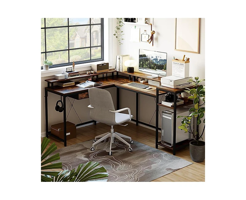 gaomon L Shaped Desk with Drawers and Led Lights, 55 Inch Computer Desk with Shelves & Monitor Stand