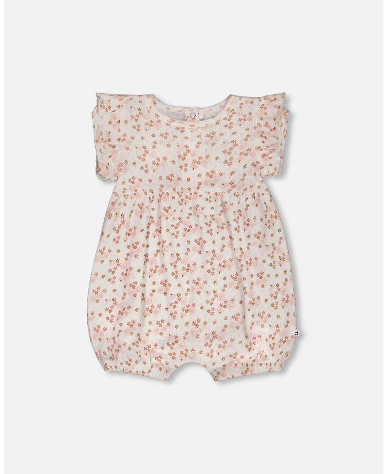 Deux par Deux Baby Girls Cotton Pointelle Romper With Frills Printed White And Pink Flowers