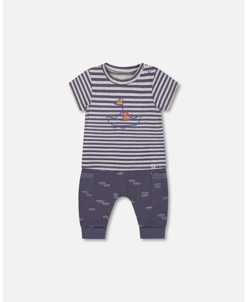 Deux par Deux Baby Boys Organic Cotton Top And Muslin Pant Set Striped Navy
