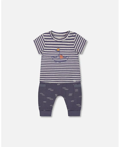 Deux par Deux Baby Boys Organic Cotton Top And Muslin Pant Set Striped Navy