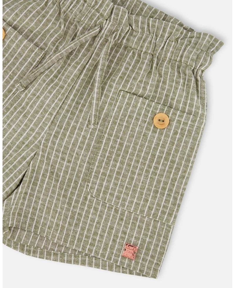 Deux par Deux Toddler Girls Linen Short With Pockets Medium Green And Cream Striped - Toddler|Child