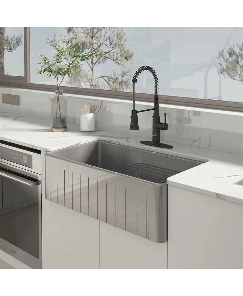 Casainc 33inch L x 18inch W Single Bowl Fireclay Farmhouse Kitchen Sink with Grid