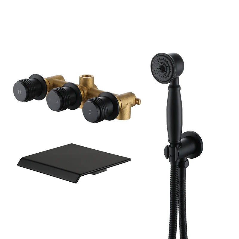 Matte Black Wall Mounted Bathtub Faucet with Handheld Shower Head Brass Wall Mounted Tub Waterfall Spout Bathtub Shower Faucet