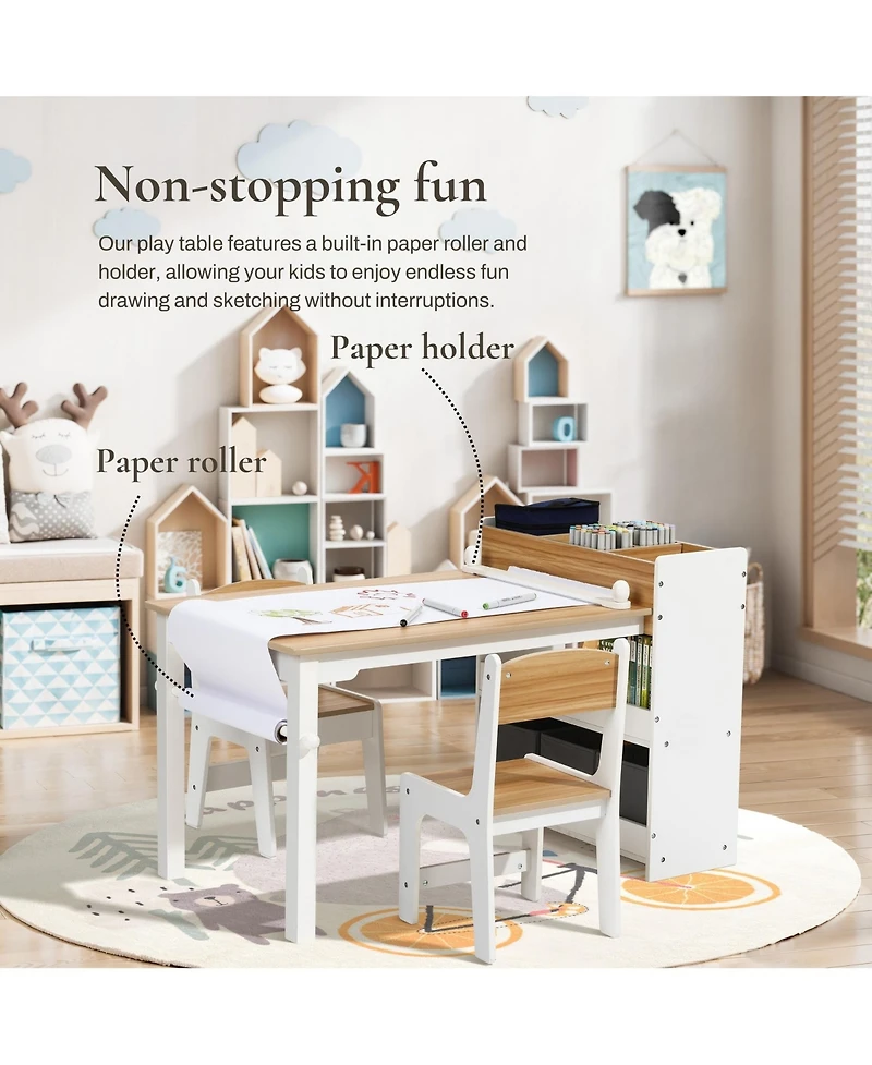 LuxenHome Children Play Table with Bookcase and 2 Chairs Set