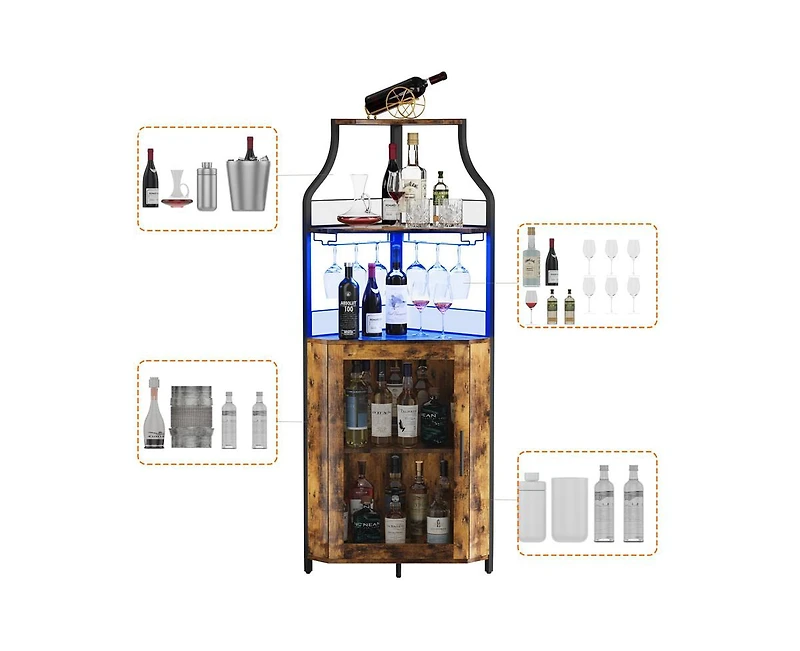 gaomon Corner Bar Cabinet with Led Lights, Industrial Liquor Cabinet with Adjustable Shelf, 5-Tier Industrial Wine Cabinet with Glass Holder