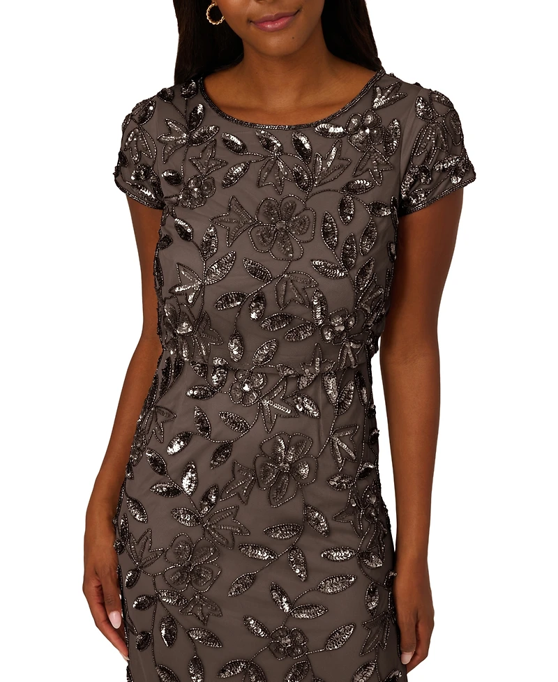 Adrianna Papell Women's Boat-Neck Blouson Beaded Gown
