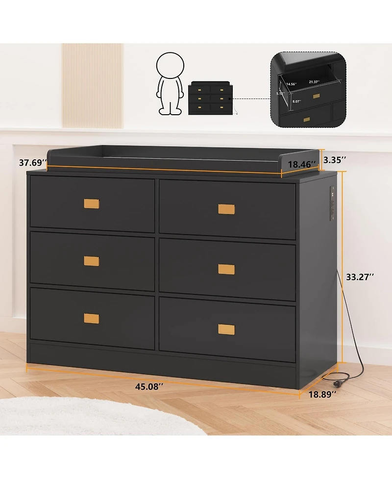 gaomon Dresser for Bedroom with 6 Drawers, Changing Table Top, Nursery Diaper Station Baby Power