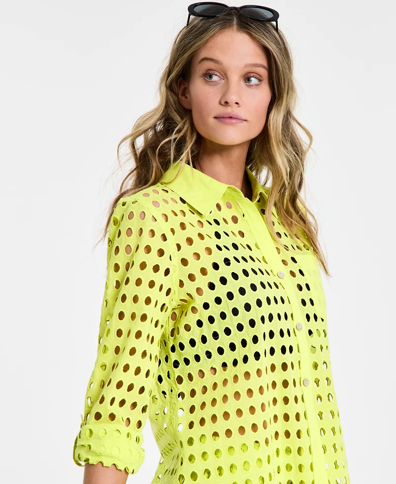 Dotti Women's Cotton Openwork Dot Cover-Up Beach Shirt