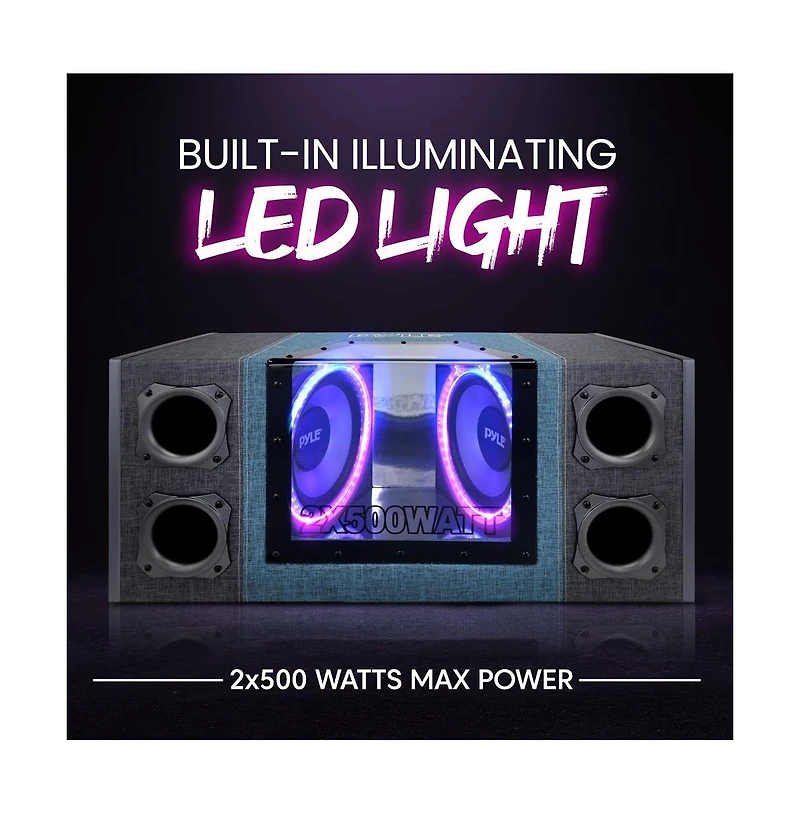Pyle Dual Subwoofer Box System, 10'' Vented Enclosure, 1000W Max, Led Lights
