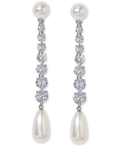 Eliot Danori Silver-Tone Cubic Zirconia & Imitation Pearl Linear Drop Earrings, Exclusively at Macy's