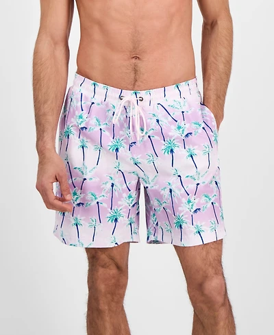 Club Room Men's Aqua Palm Tree Drawstring 7" Swim Trunks, Exclusively at Macy's