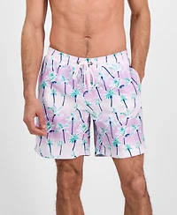 Club Room Men's Aqua Palm Tree Drawstring 7" Swim Trunks, Exclusively at Macy's