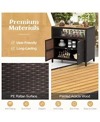 Gouun Rattan Storage Cabinet with Acacia Wood Countertop for Poolside Deck and Patio