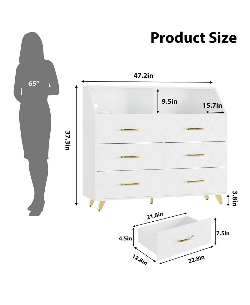 gaomon Dresser with Charging Station, Led Tv Stand 6 Drawers, Wood Modern Dressers & Chests of Drawers for Closet, Bedroom, Living Room,