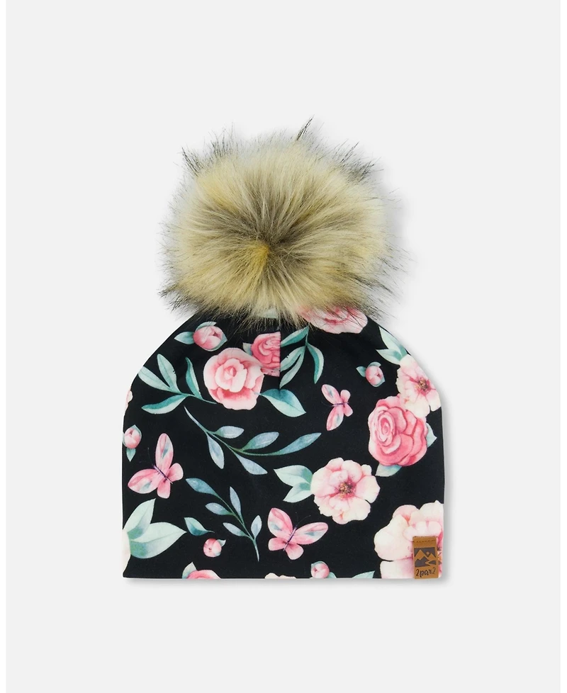 Deux par Deux Girl Printed Jersey Detachable Pompom Hat Pink, Black, And Flowers - Toddler|Child