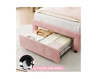 gaomon Twin Upholstered Smart Led Bed Frame with Adjustable Bear Headboard, Storage Drawer, Velvet Princess Platform Bed Frame for Kids/Girls, Wooden