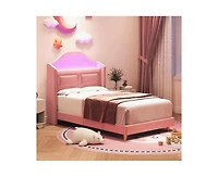 gaomon Upholstered Twin Bed Frame with Led Lights, Velvet Platform Bed Frame with Wing Back Storage Headboard, Wood Slats Support