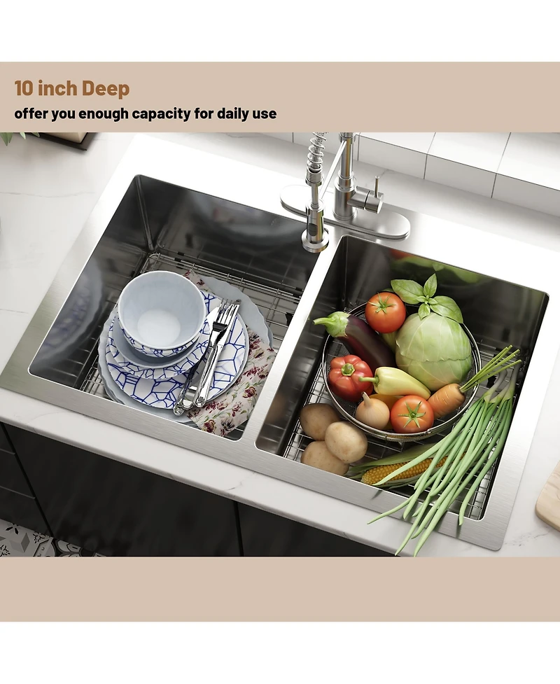 Casainc 33inch L x 22inch W Double Basin Drop-in Kitchen Sink with Accessories