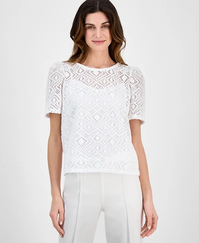 Anne Klein Women's Short-Sleeve Lace Overlay Blouse