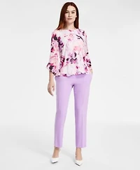 Kasper Womens Floral Ruffled Bell Sleeve Top Straight Leg Pants