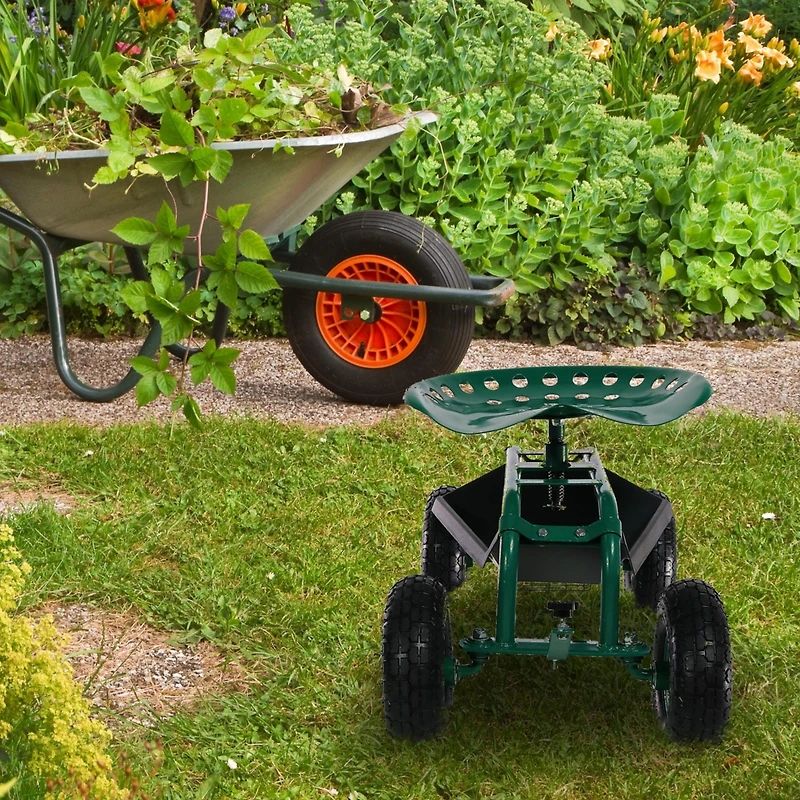 Rolling Gardening Cart with Adjustable 360-Degree Swivel Seat - Utility Tool Tray and Storage Basket - Green
