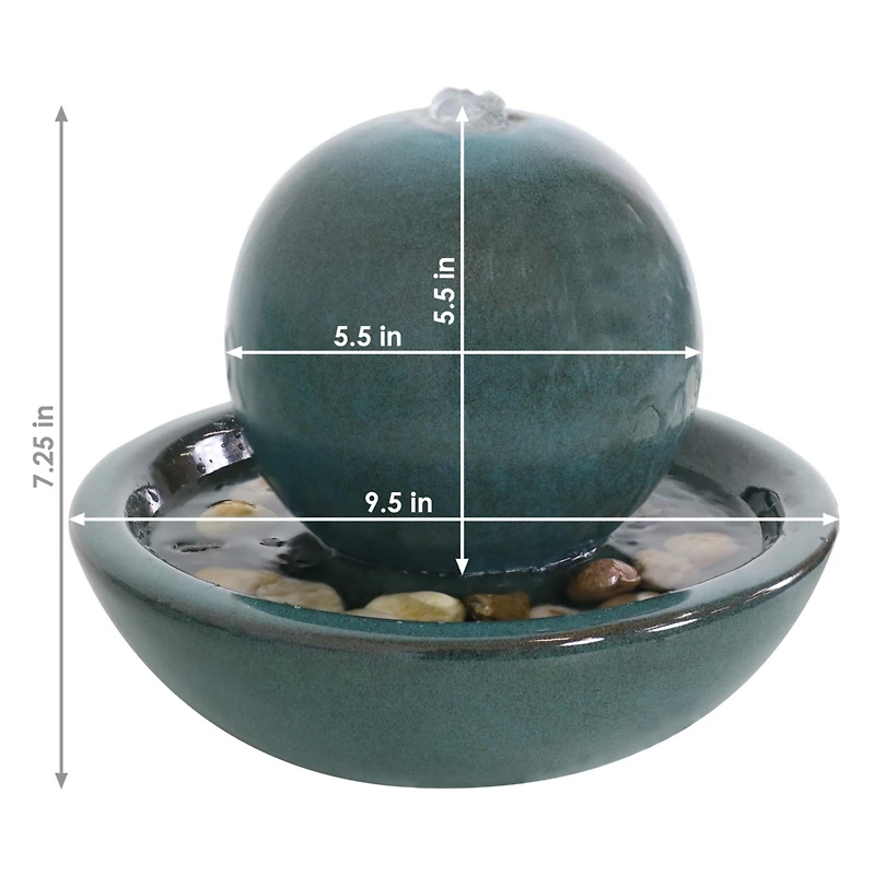 Indoor Home Decorative Smooth Glazed Ceramic Orb Tabletop Water Fountain Feature - 7" - Teal