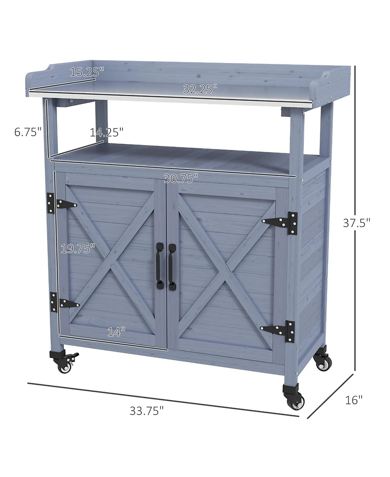 Outsunny Outdoor Potting Bench with Storage, Wheels, Natural Wood