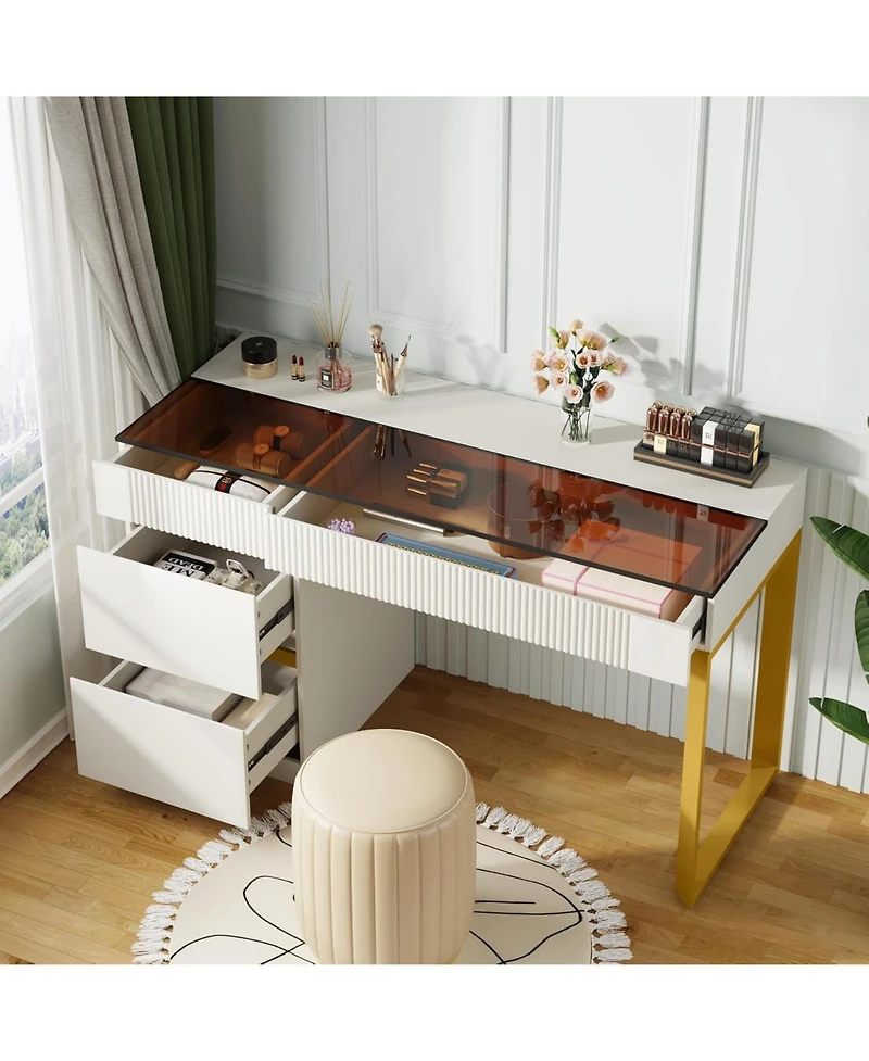 Tribesigns Vanity Desk with Glass Top, 4 Drawers Makeup Vanity Table, Modern Makeup Dresser Desk, White Gold Vanities with Visual Drawer for Bedroom