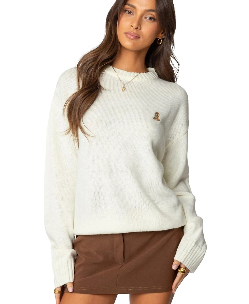 Edikted Womens Puppy Love Embroidered Sweater