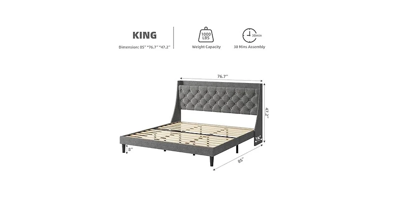 gaomon King Bed Frame with Wingback Headboard, Luxurious Linen Upholstery Platform Bed