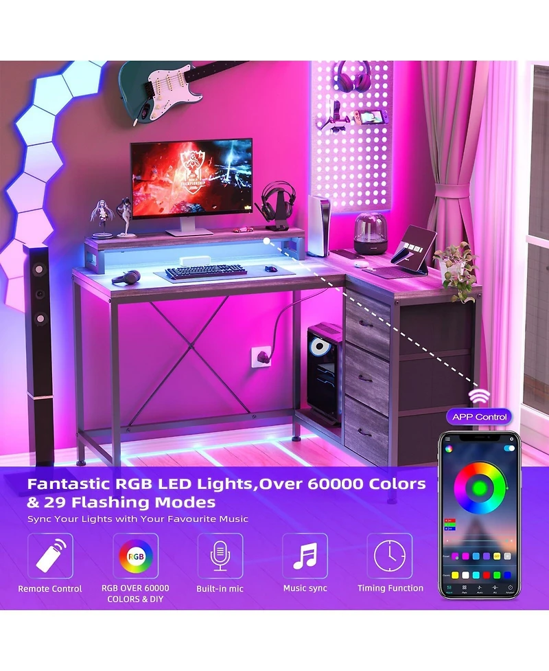 gaomon L Shaped Desk with Power Outlets & Led Lights