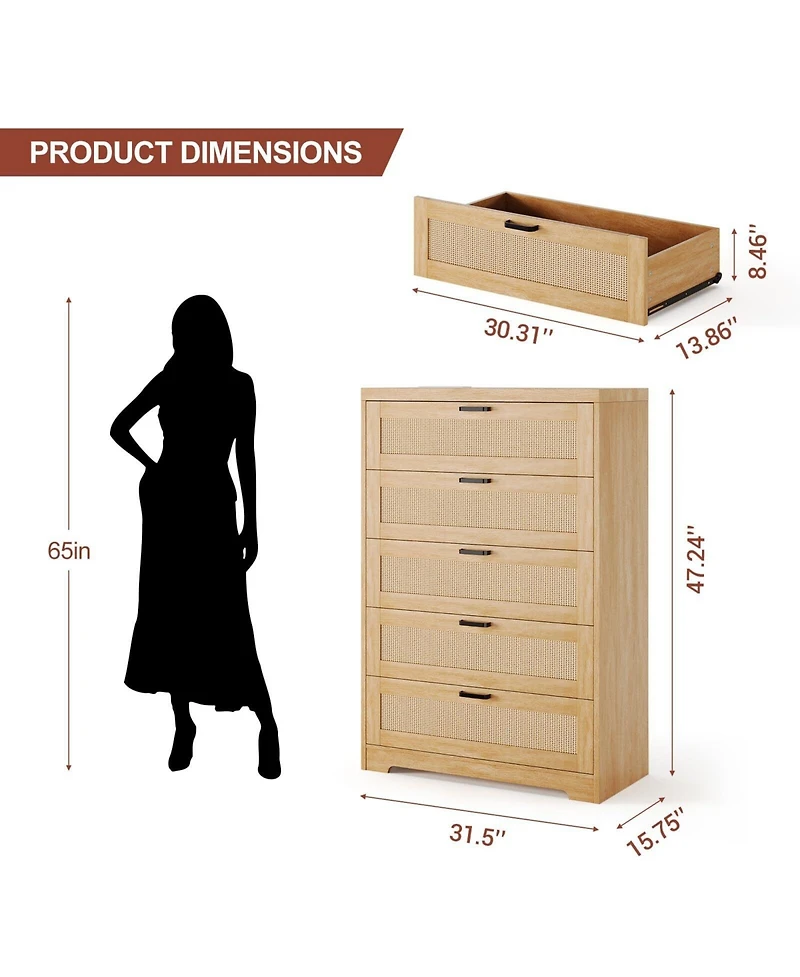 5 Drawer Rattan Dresser for Bedroom, 47.27” Tall Dresser with Power Outlets, Wood Dresser Chest of Drawers with Metal Handles for Living Room C