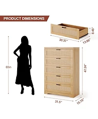 5 Drawer Rattan Dresser for Bedroom, 47.27” Tall Dresser with Power Outlets, Wood Dresser Chest of Drawers with Metal Handles for Living Room C