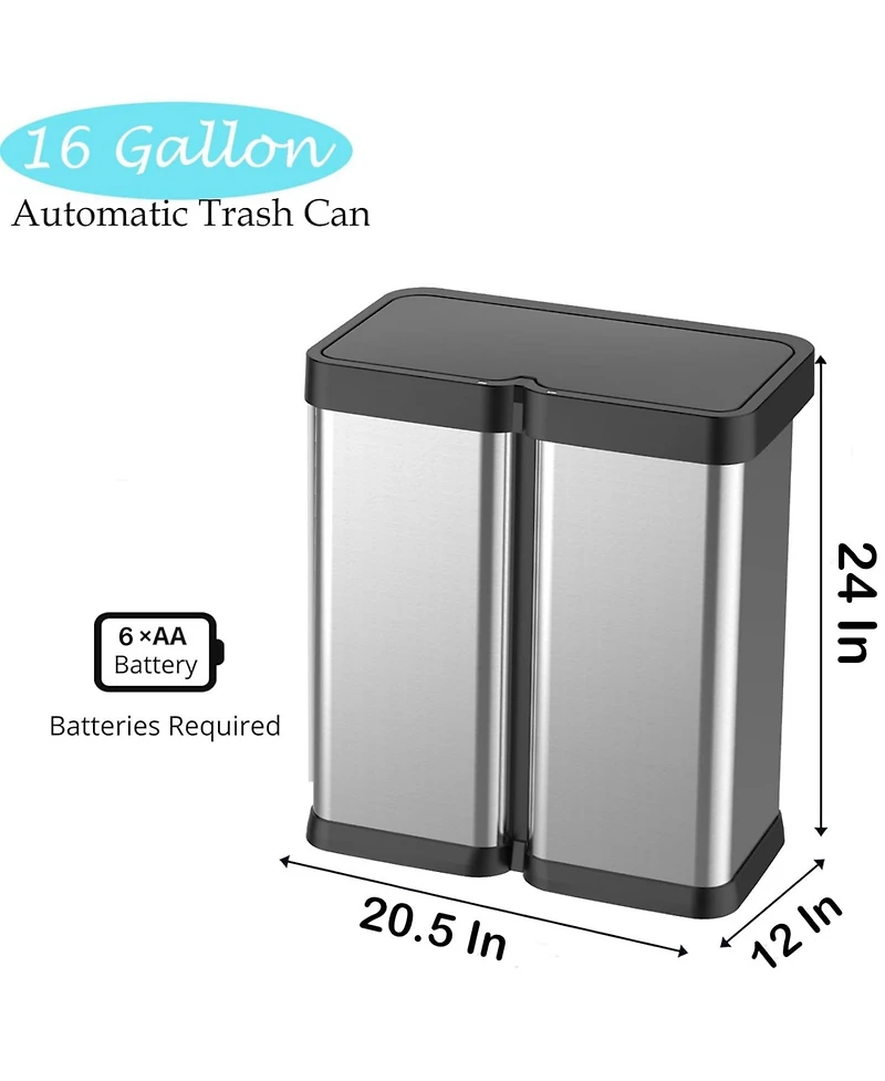 gaomon 16 Gallon Automatic Trash Can, 30L+30L Stainless Steel Dual Garbage & Recycle Bin