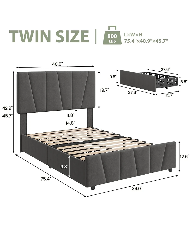 gaomon Twin Size Bed Frame with Adjustable Headboard and 4 Storage Drawers, Upholstered Platform Bed Frame