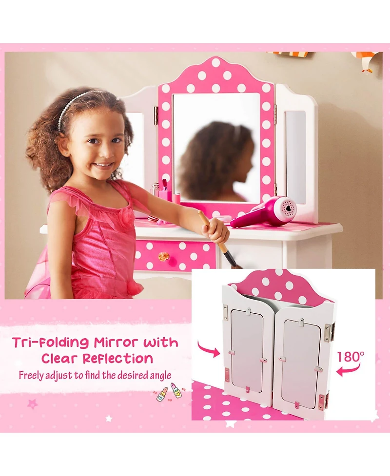 Gouun Kids Vanity Table and Stool Set with Cute Polka Dot Print