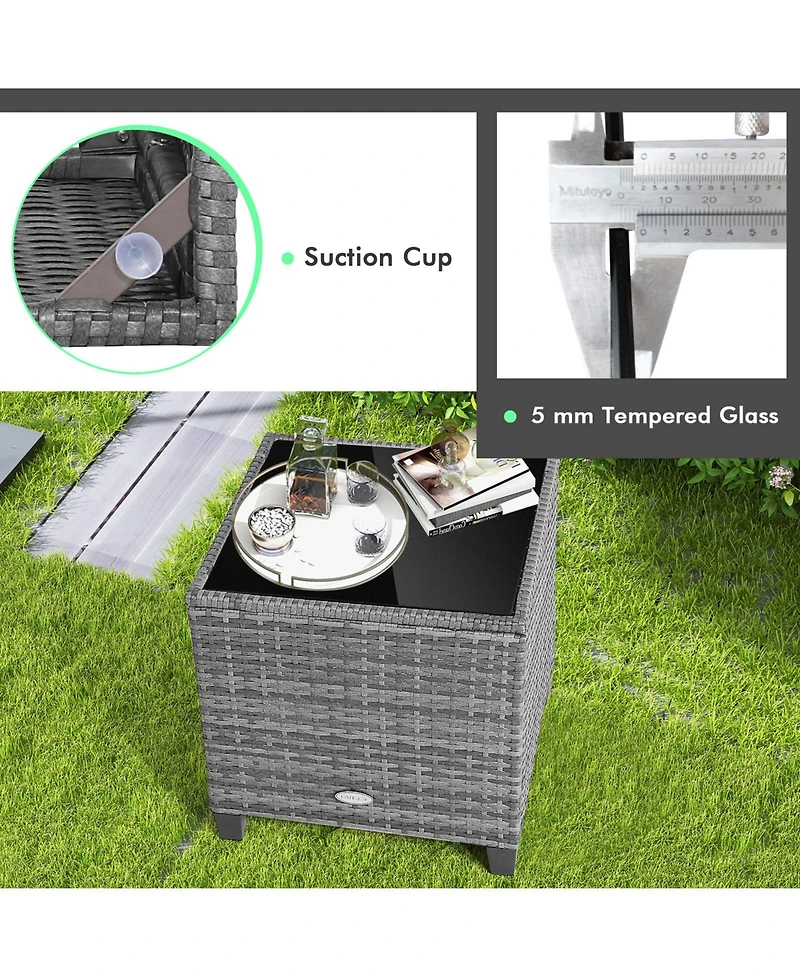 Gouun 3 Pieces Outdoor Wicker Conversation Set with Tempered Glass Tabletop