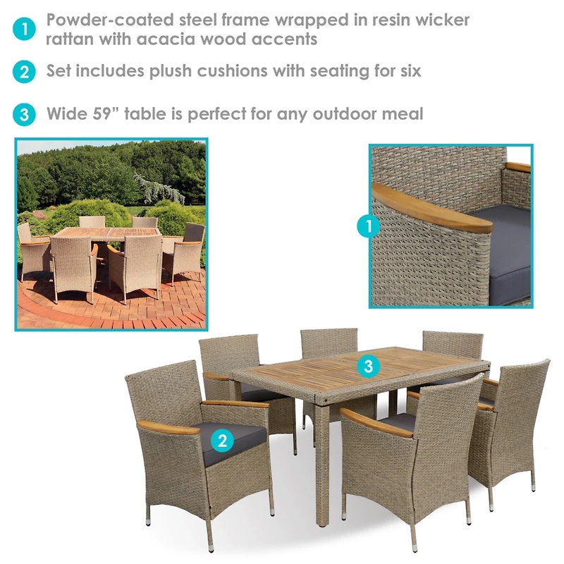 Outdoor Rattan and Acacia Wood Foxford Patio Dining Set with Table, Chairs, and Seat Cushions - Gray - 7pc