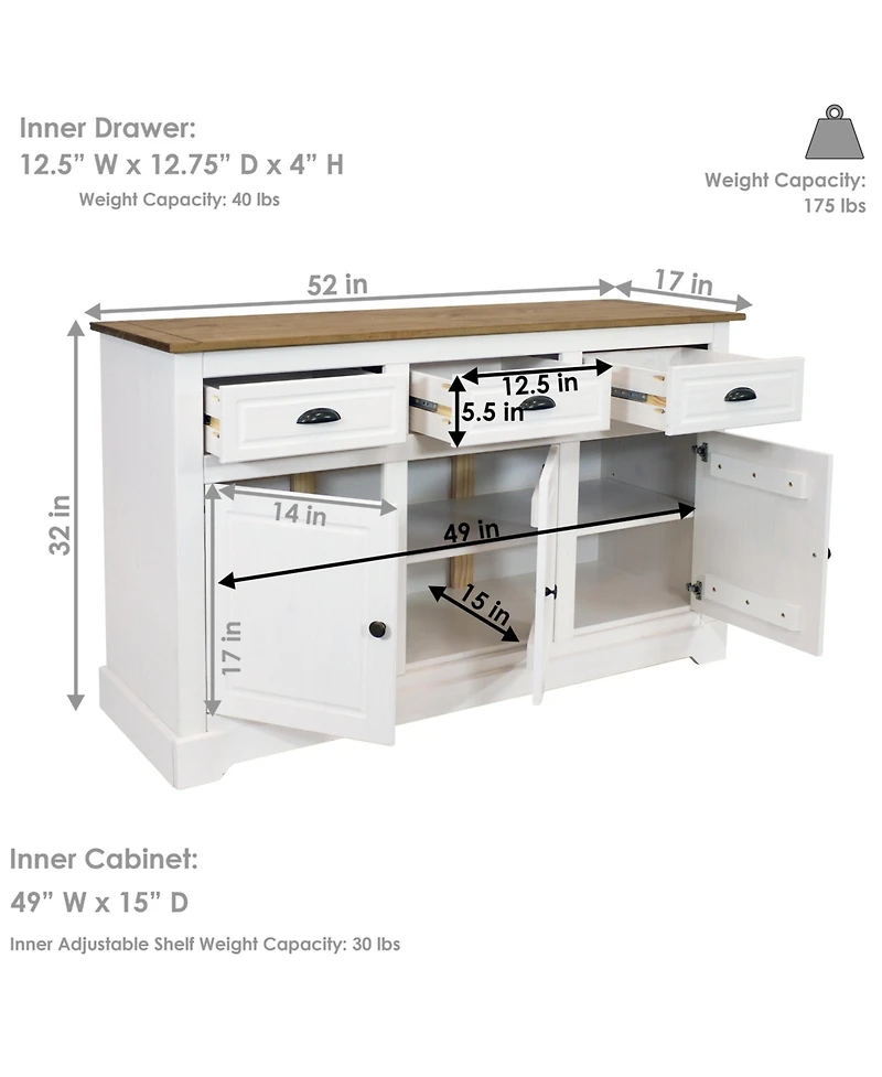 Solid Pine Sideboard Cabinet with 3 Drawers and 3 Doors - Features Adjustable Inner Cabinet Shelf - Zinc Alloy Hardware - Dark Brown- 32-Inch