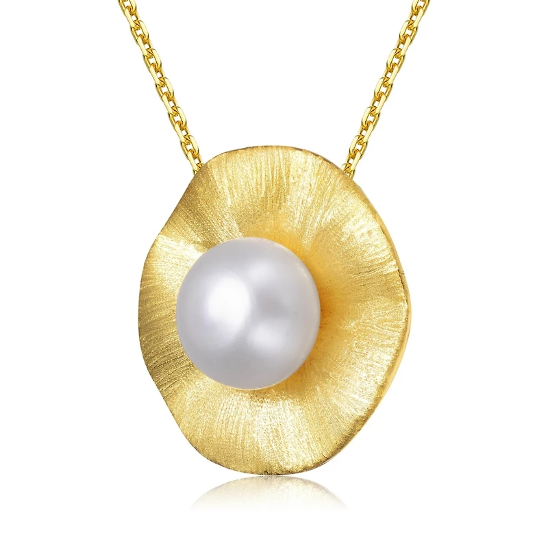 Genevive Sterling Silver 14K Gold Plated with Genuine Freshwater Pearl Curvy Pendant Necklace
