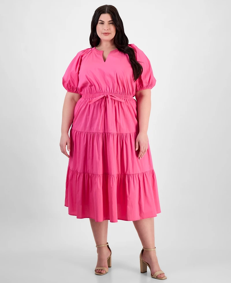 Anne Klein Plus Size Puff-Sleeve Tiered Midi Dress
