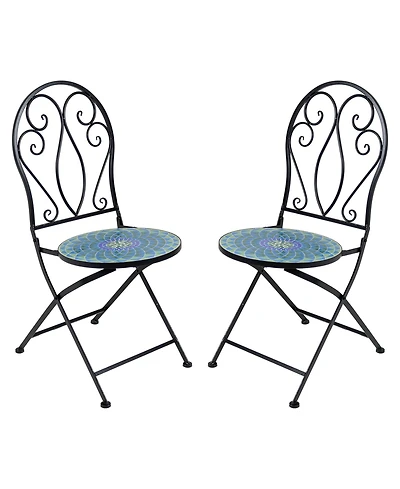 Mosaic Tile Folding Bistro Chairs with Iron Frame - Set of 2 - Compact Folding Design - Black Frame with Scroll Back