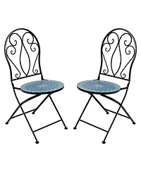Mosaic Tile Folding Bistro Chairs with Iron Frame - Set of 2 - Compact Folding Design - Black Frame with Scroll Back