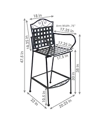 Outdoor Wrought Iron Scrolling Bar Chairs - 20.25" W x 22" D x 47.5" H - Black - 2-Pack