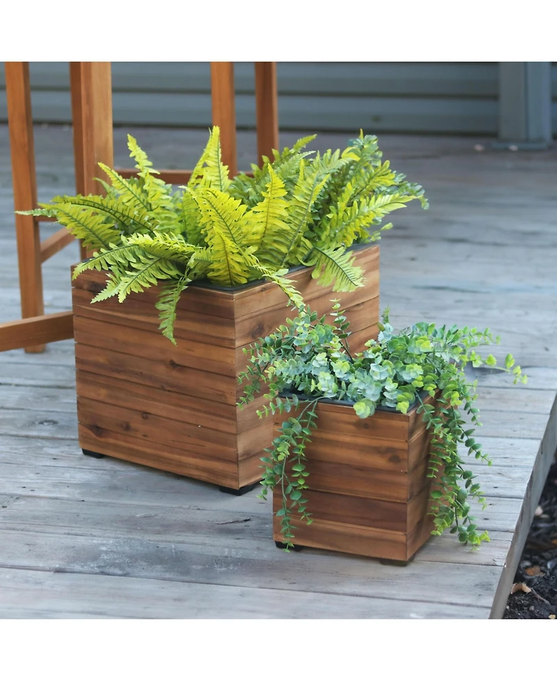 Indoor/Outdoor Square Acacia Wood Planter Box with Plastic Liner - 2pk
