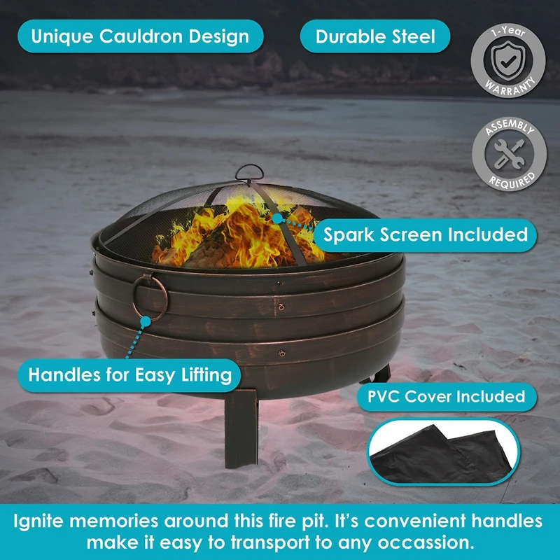 Heavy-Duty Steel Cauldron Fire Pit with Spark Screen and Pvc Protective Cover - 28.5-Inch Round - Brushed Bronze