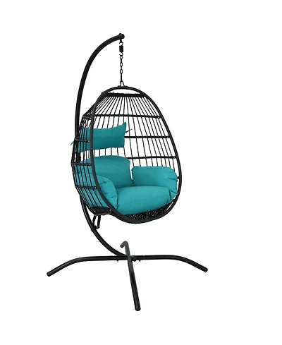 Dalia Resin Wicker Hanging Egg Chair with - Teal Polyester Cushions and Powder-Coated Steel Stand - 81 Inches H