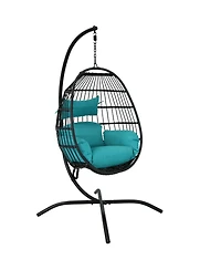 Dalia Resin Wicker Hanging Egg Chair with - Teal Polyester Cushions and Powder-Coated Steel Stand - 81 Inches H